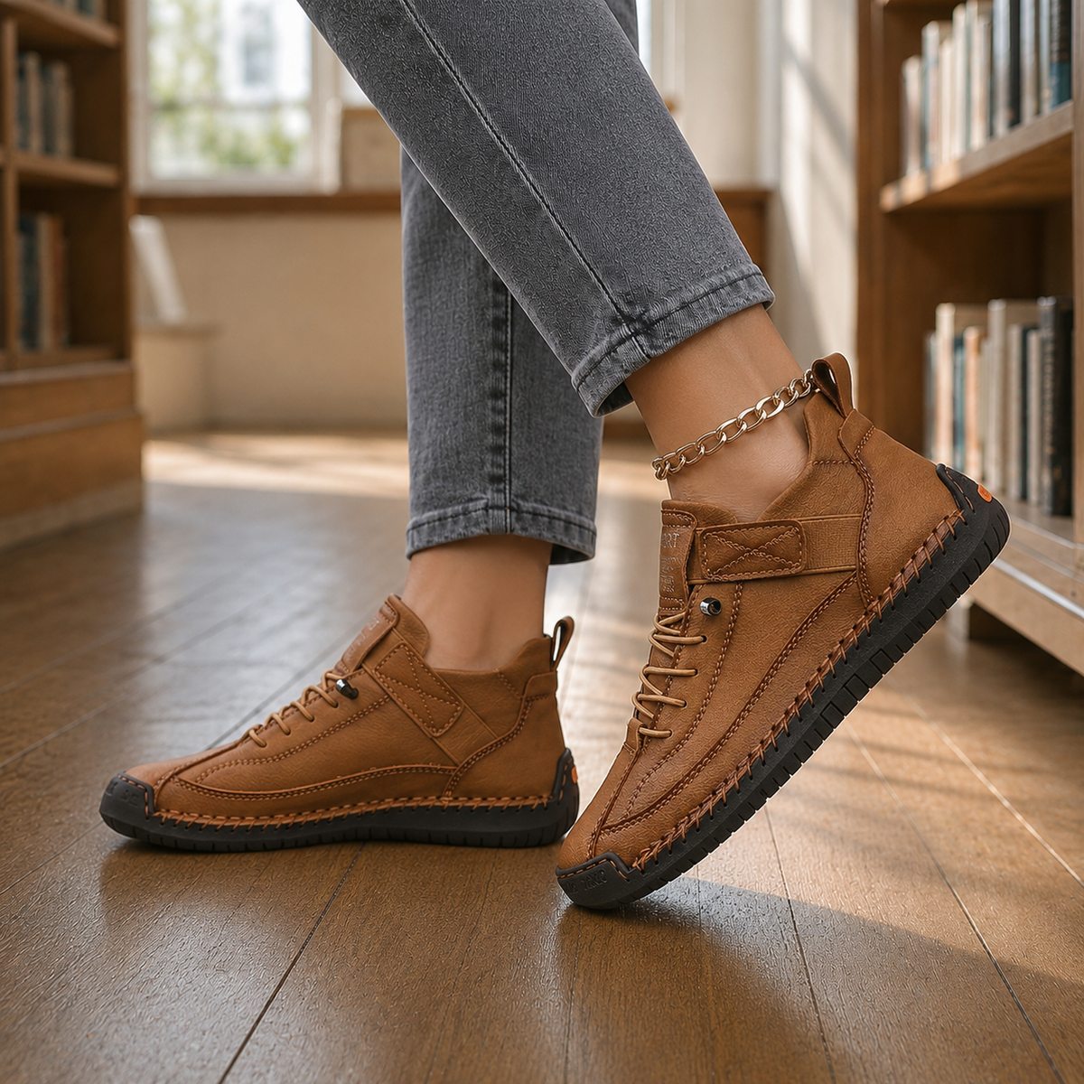 Brown leather lace-up sneakers with contrast stitching, elastic strap and black stitched sole