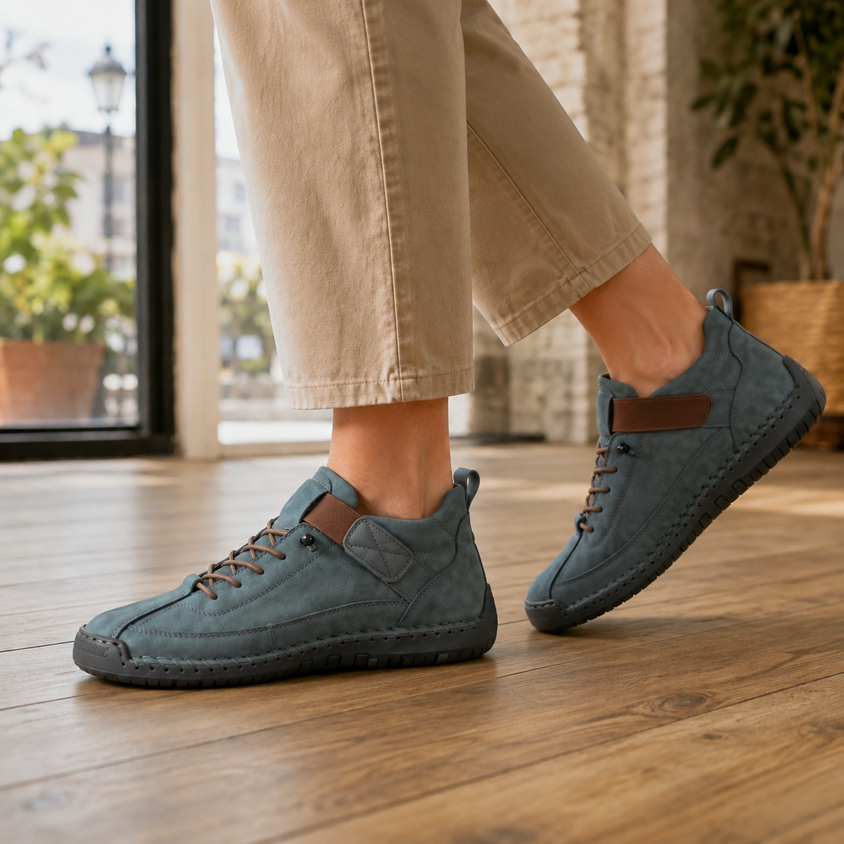 Green lace-up sneakers with brown elastic ankle strap, stitched edge and dark sole, worn with khaki trousers.
