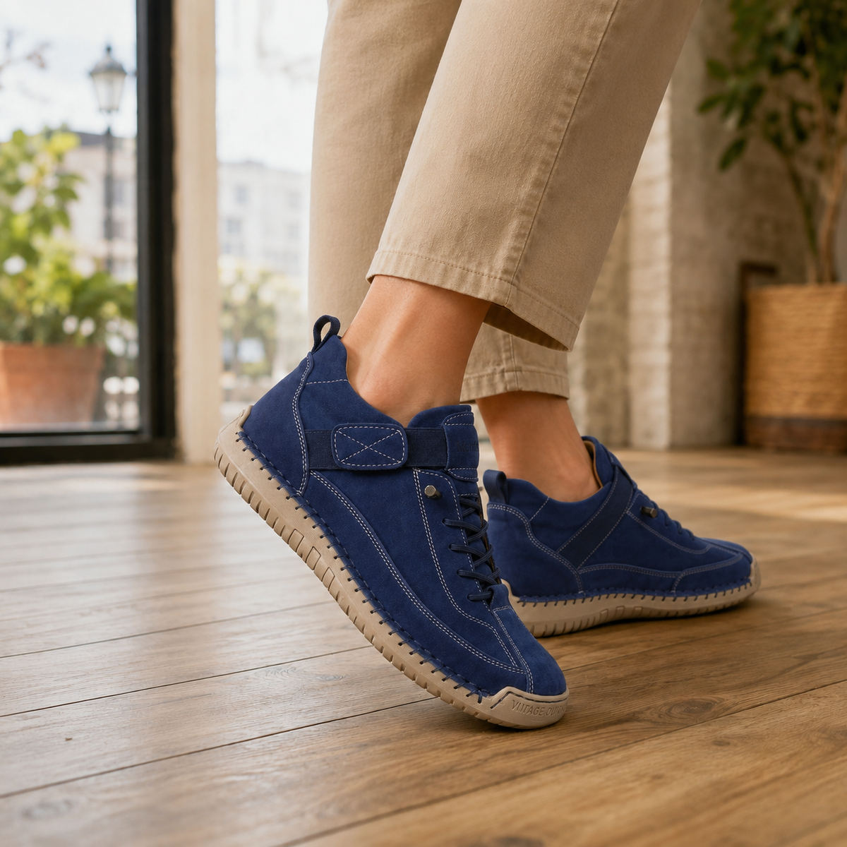 Blue lace-up sneakers with elastic ankle strap, white stitching and beige stitched sole, worn with khaki trousers.