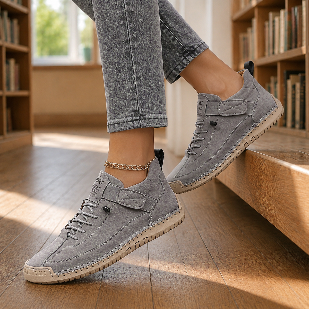 Grey leather lace-up sneakers with elastic strap and beige stitched sole, worn with grey jeans