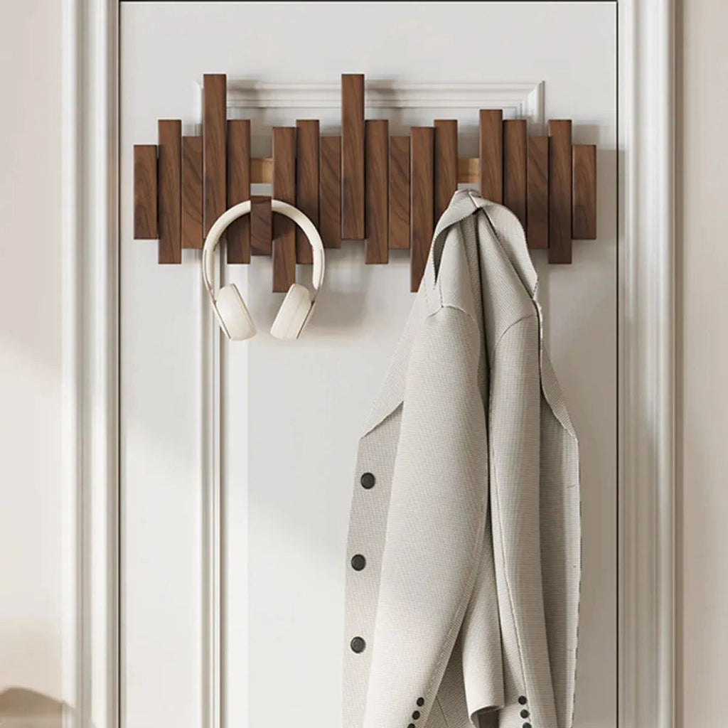 Wooden Wall Coat Rack with Folding Hooks