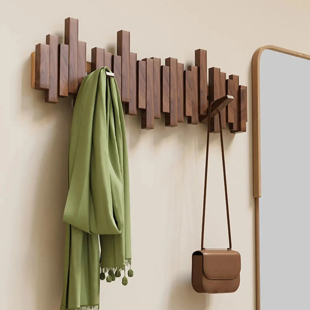 Wooden Wall Coat Rack with Folding Hooks