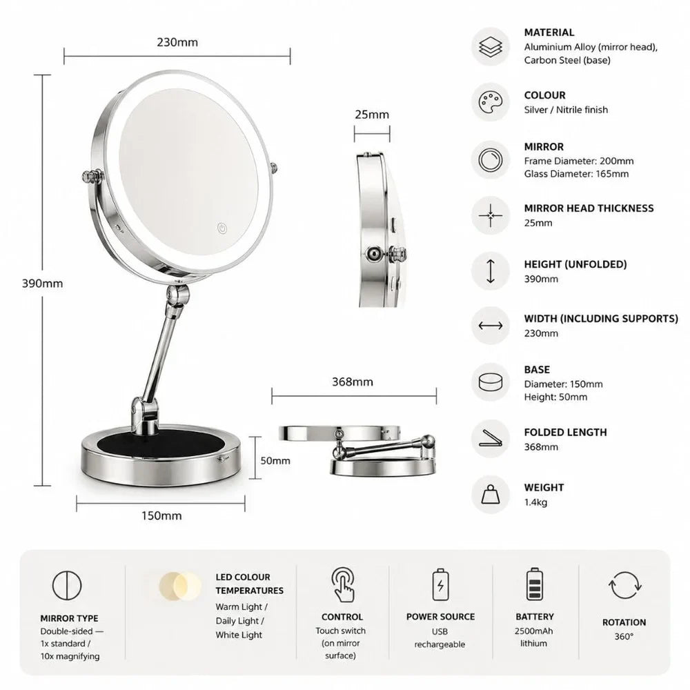 Double-Sided LED Makeup Mirror with 10x Magnification