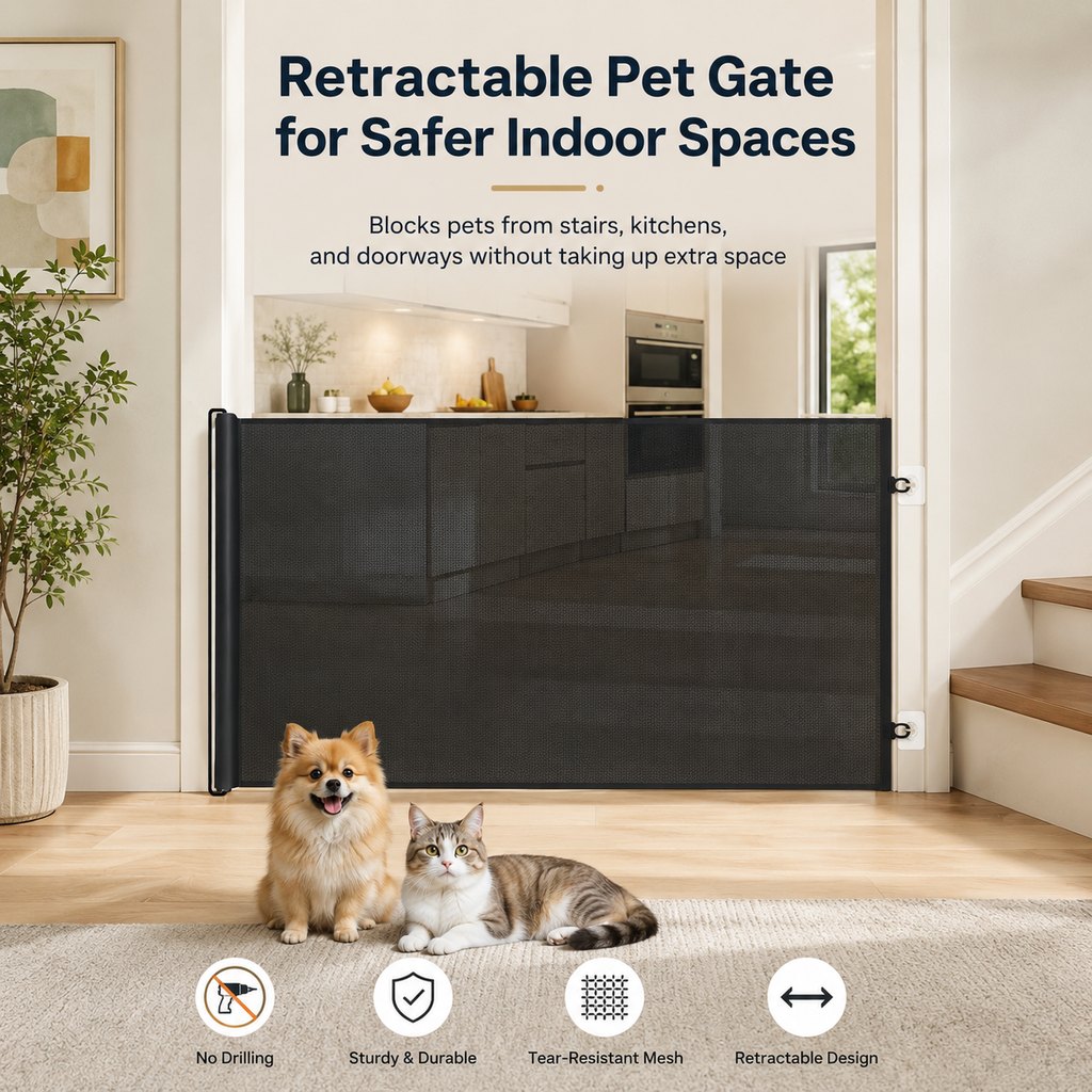 Retractable Pet Gate, No-Drill Mesh Gate for Doorways