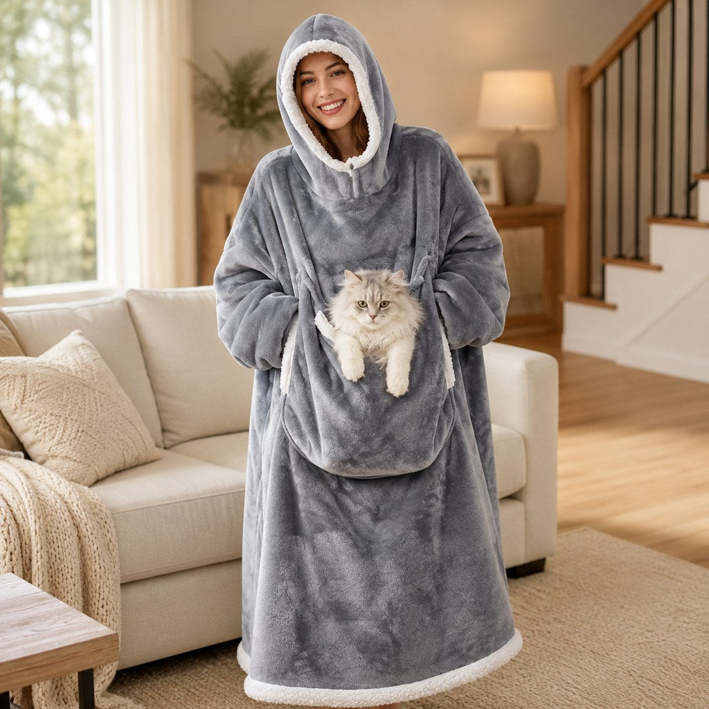 Wearable Blanket Hoodie with Pet Pouch, Oversized Sherpa