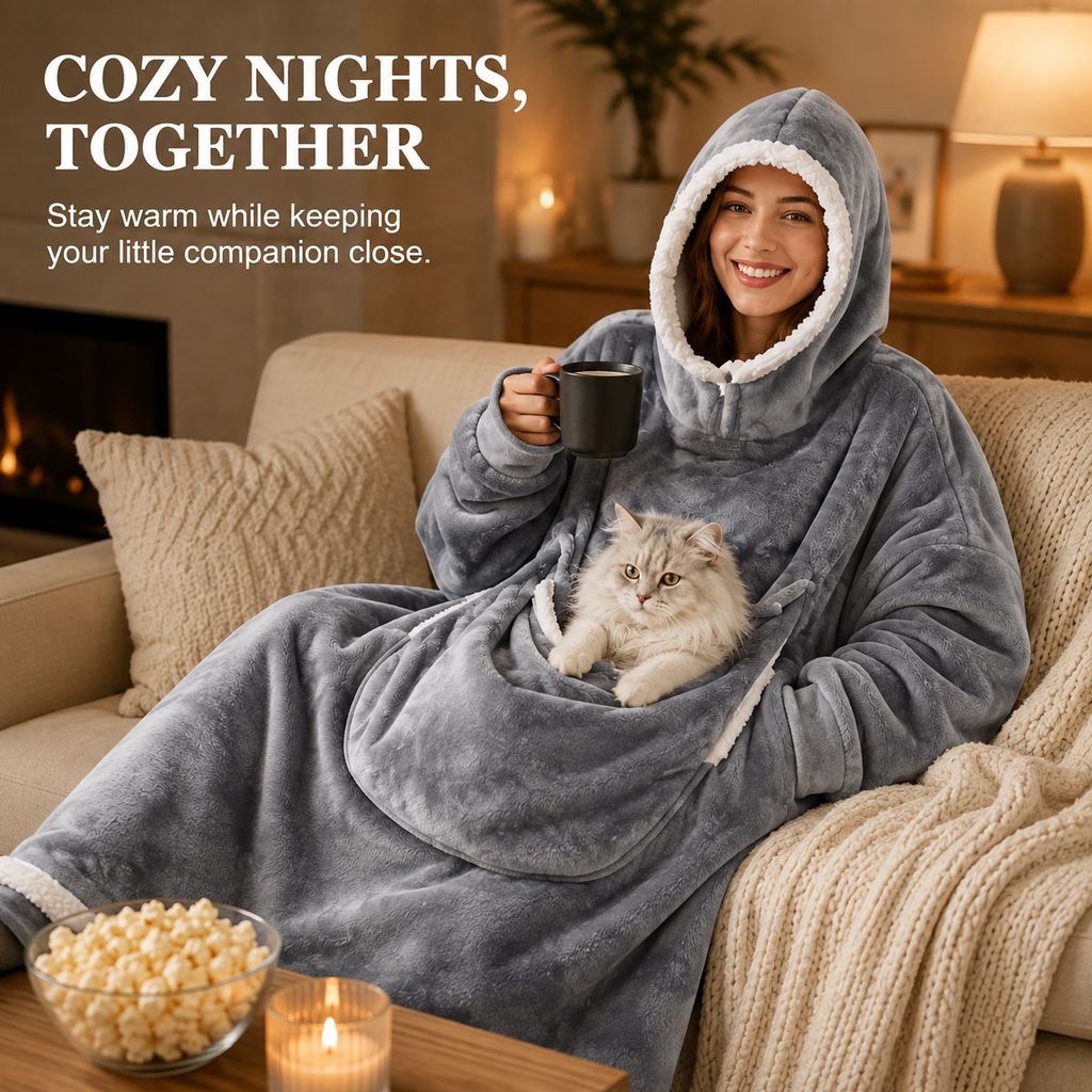 Wearable Blanket Hoodie with Pet Pouch, Oversized Sherpa