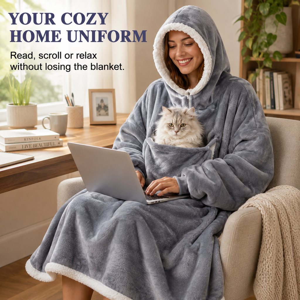 Wearable Blanket Hoodie with Pet Pouch, Oversized Sherpa