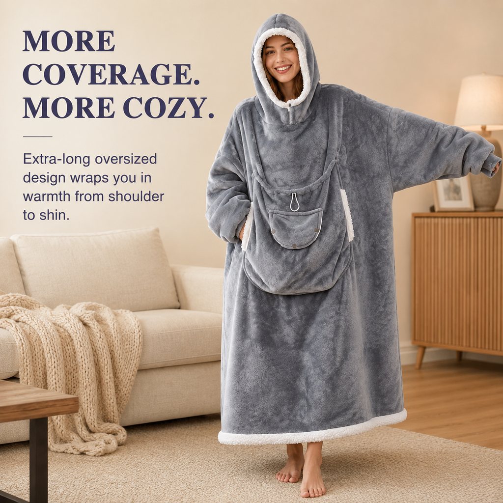 Wearable Blanket Hoodie with Pet Pouch, Oversized Sherpa