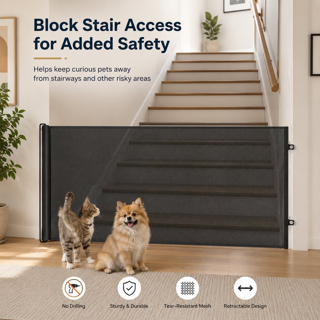 Retractable Pet Gate, No-Drill Mesh Gate for Doorways