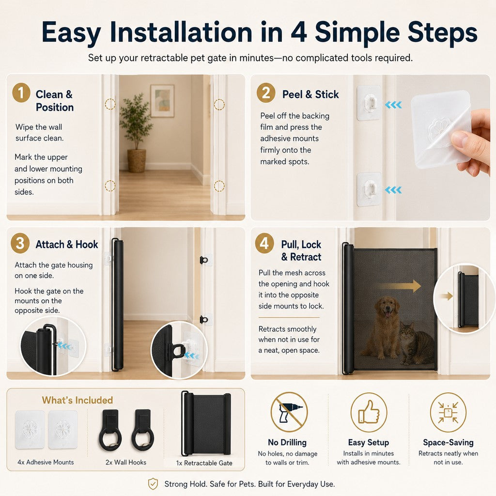 Retractable Pet Gate, No-Drill Mesh Gate for Doorways