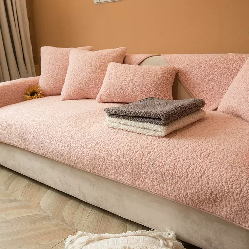 Pink teddy fabric sofa cover with matching cushion covers