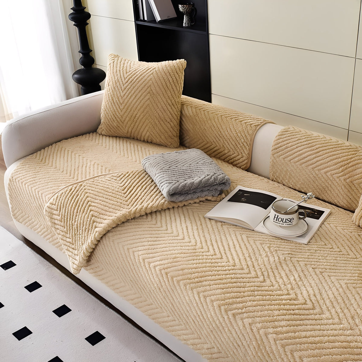 SnugGrip Plush Herringbone Sofa Cover