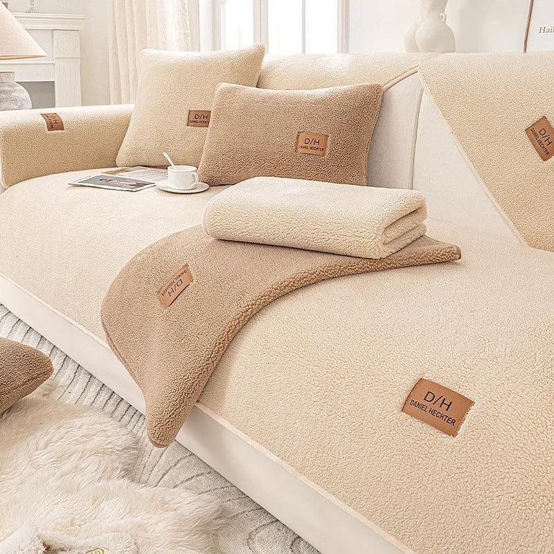 Beige teddy fleece sofa cover with a brown fleece piece and folded fleece layer on the seat